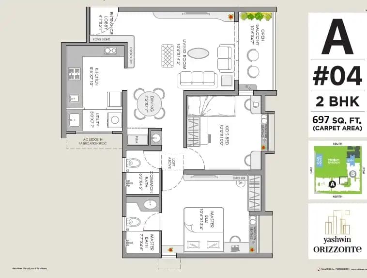 VJ Yashwin Orizzonte Unit plan - 697 sq.ft.