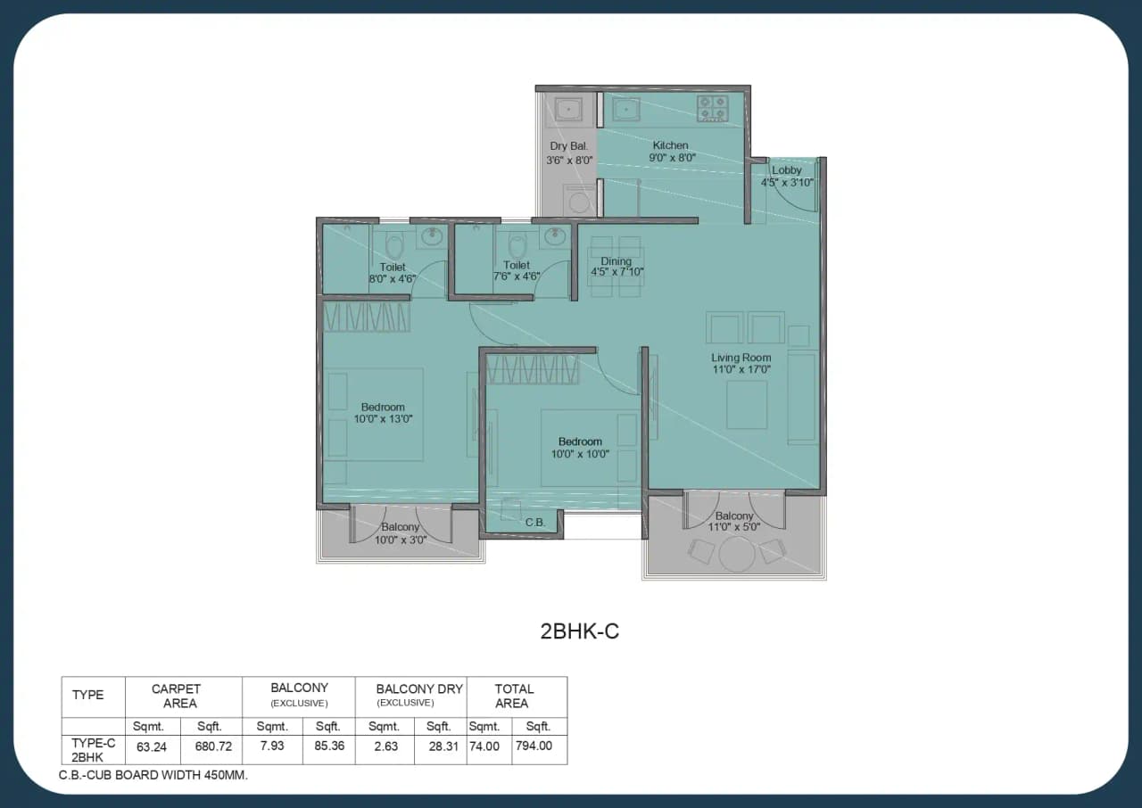 Kohinoor Viva City Unit plan - 794 sq.ft.