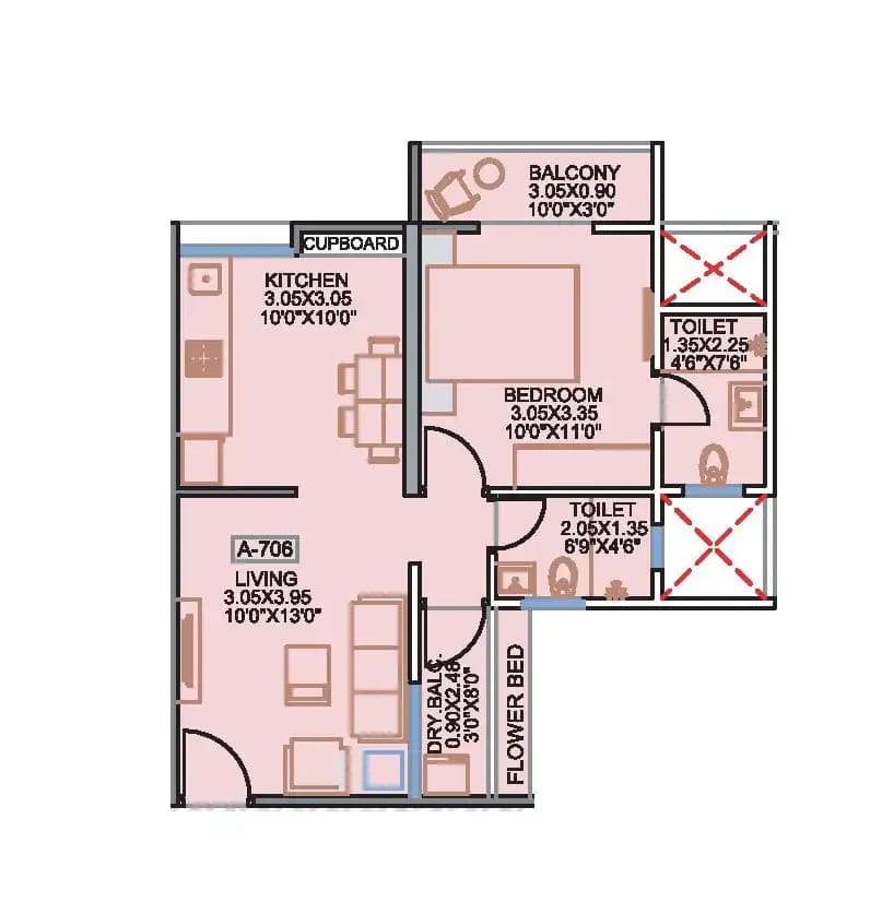 Kohinoor Jeeva Unit plan - 508 sq.ft.