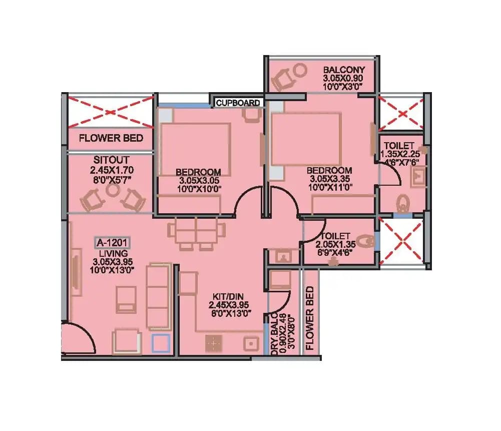 Kohinoor Jeeva Unit plan - 683 sq.ft.