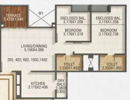Kumar Park Infinia Unit plan - 764 sq.ft.