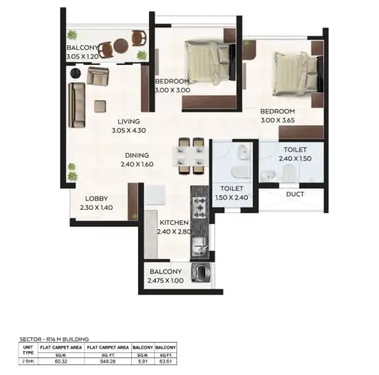 Kolte Patil Arezo Unit plan - 713 sq.ft.