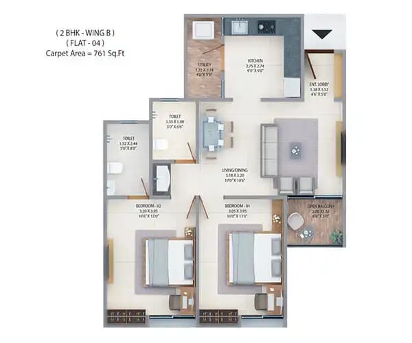 Majestique Swapnangan Unit plan - 761 sq.ft.