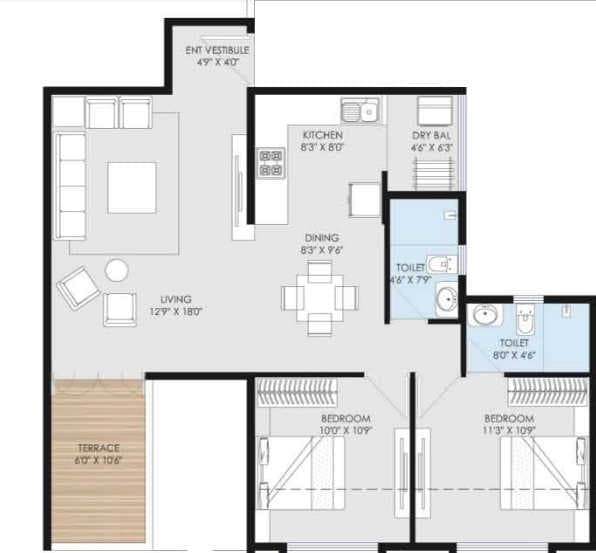 Ganga Utopia Unit plan - 835 sq.ft.