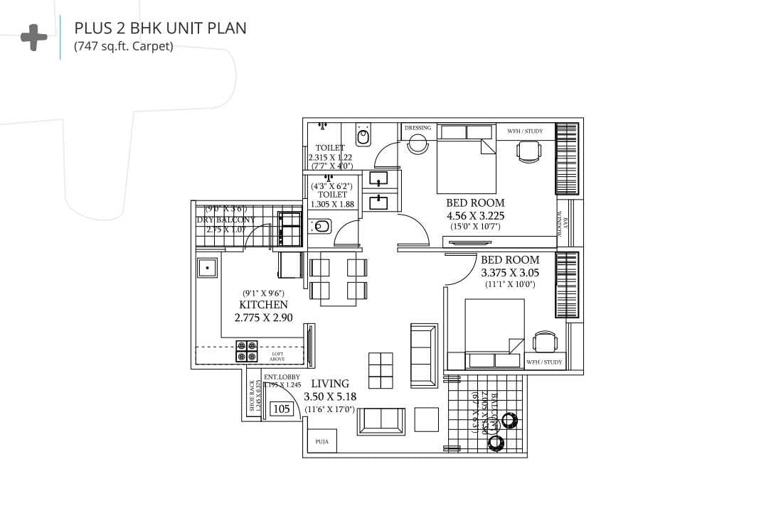 Saheel I trend Life Plus Unit plan - 747 sq.ft.