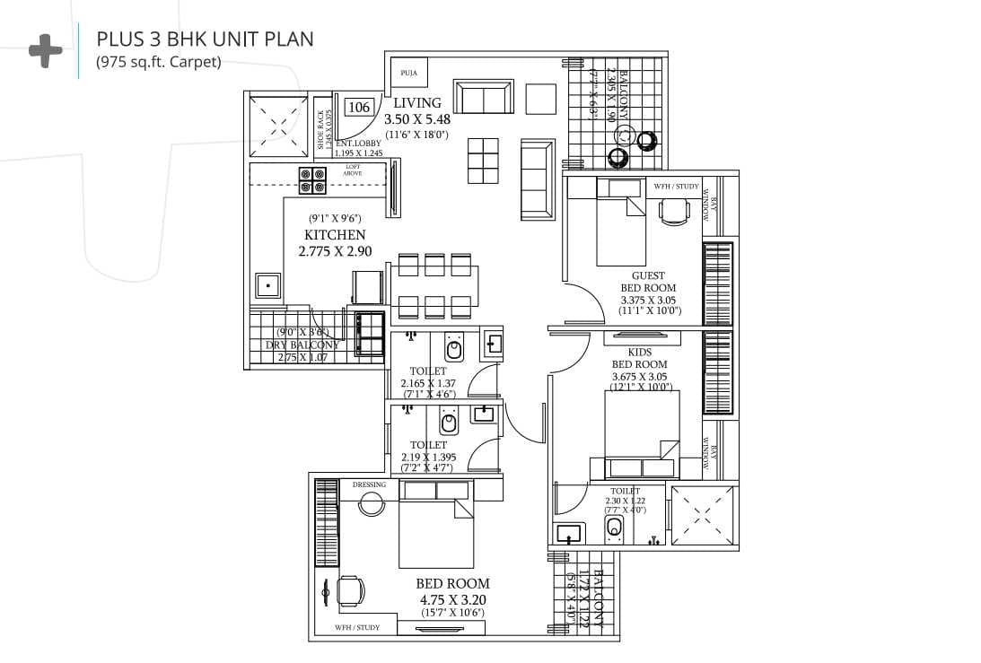 Saheel I trend Life Plus Unit plan - 975 sq.ft.