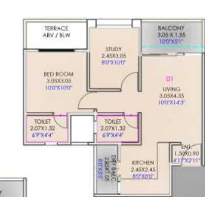 Ganga Amber Unit plan - 606 sq.ft.