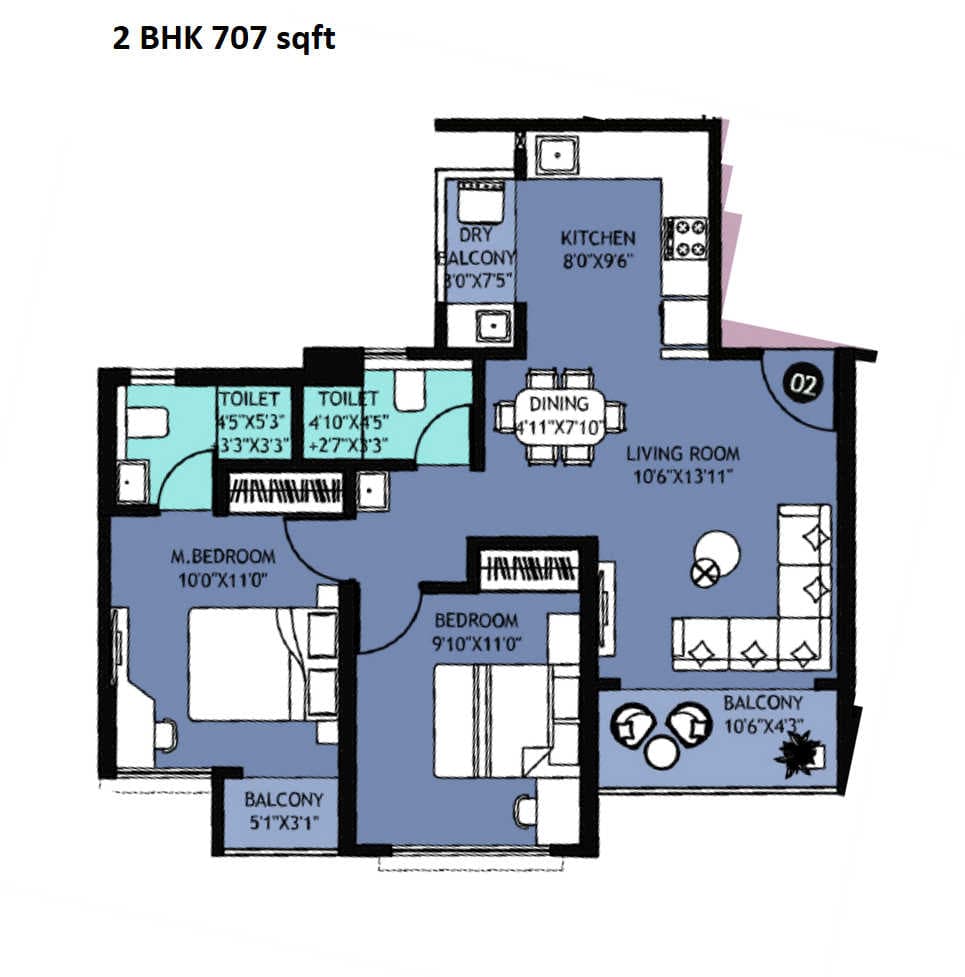 Rama Krystal One Unit plan - 707 sq.ft.