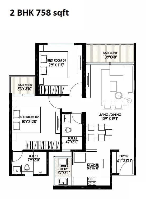 Gagan Royal Palms Unit plan - 758 sq.ft.