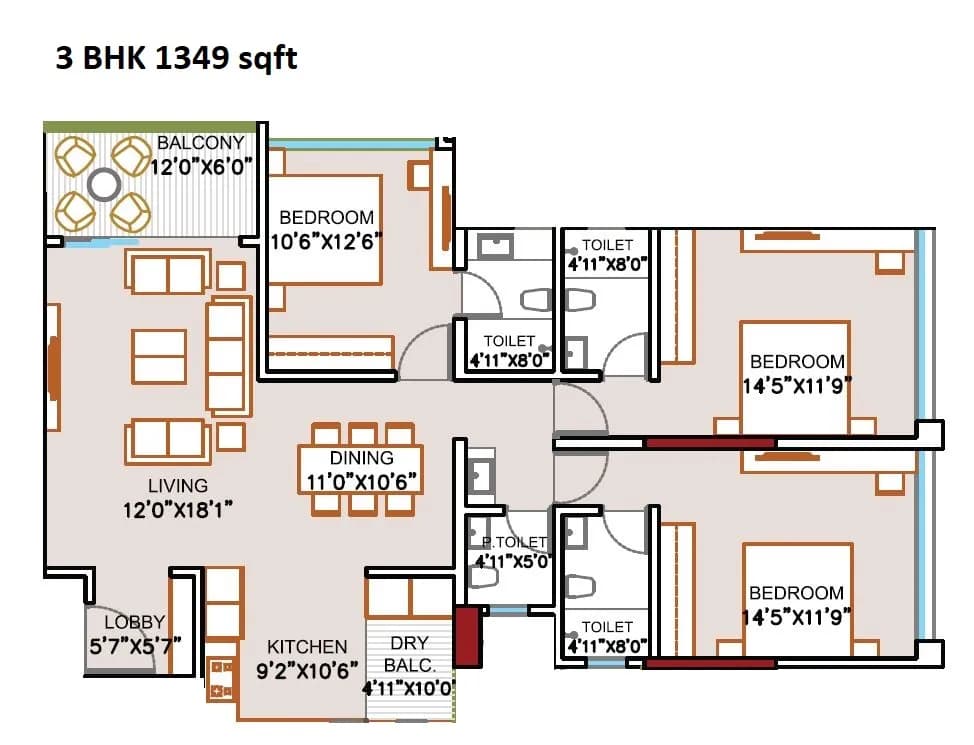 Jhamtani Nandan Ace Unit plan - 1349 sq.ft.