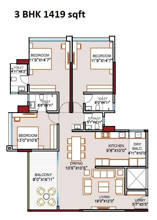 Unit plan - 1419 sq.ft.