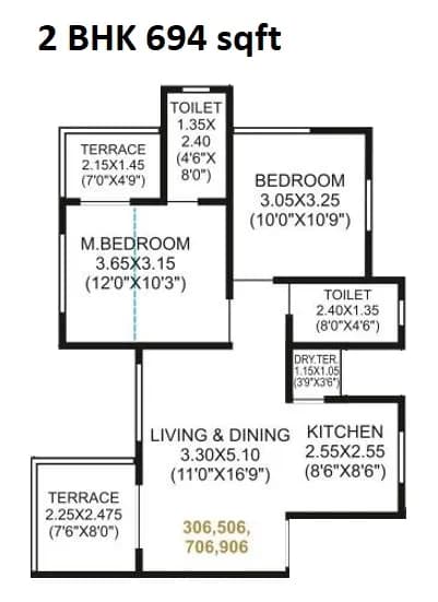 Jhamtani Ace Almighty Phase II Unit plan - 694 sq.ft.