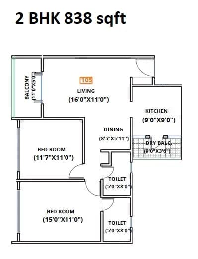 Kohinoor Zen Elite Unit plan - 838 sq.ft.