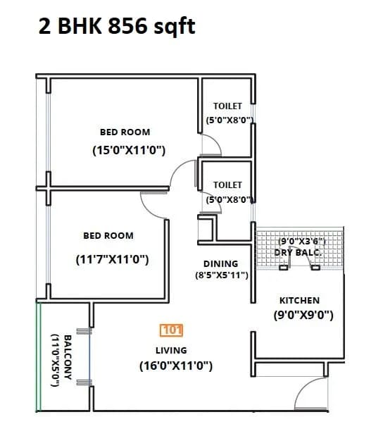 Kohinoor Zen Elite Unit plan - 856 sq.ft.