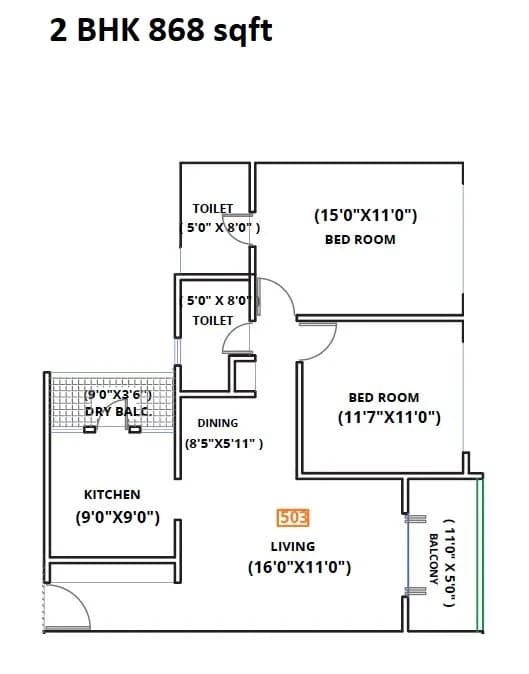 Kohinoor Zen Elite Unit plan - 870 sq.ft.