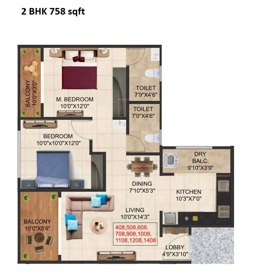 Prime Serenity Unit plan - 758 sq.ft.