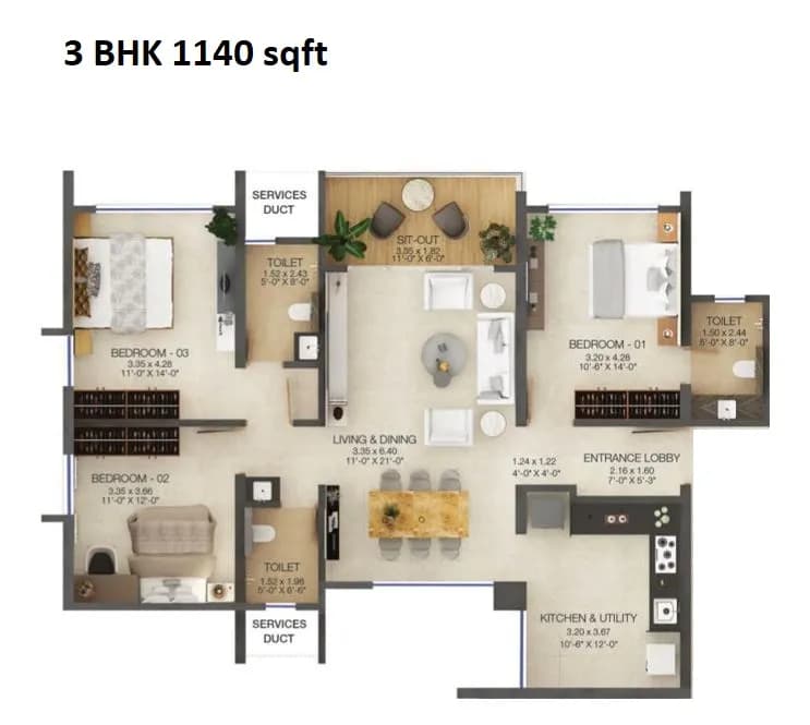 Unit plan - 1140 sq.ft.