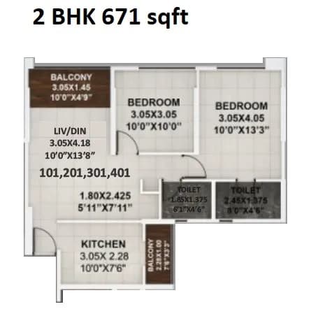 Kumar Palaash Unit plan - 671 sq.ft.
