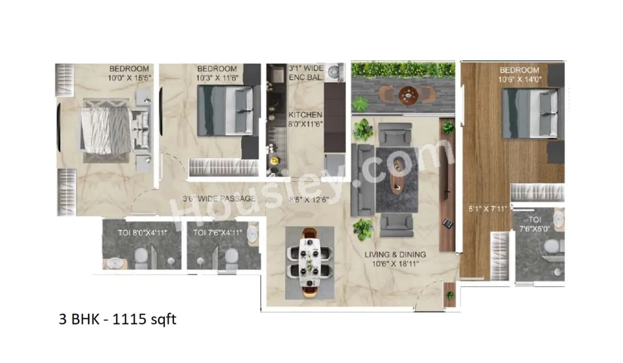 Ellanza Zenistry 2 0 Unit plan - 1115 sq.ft.
