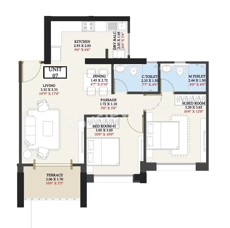 Kundan Eternia 2O Unit plan - 751 sq.ft.