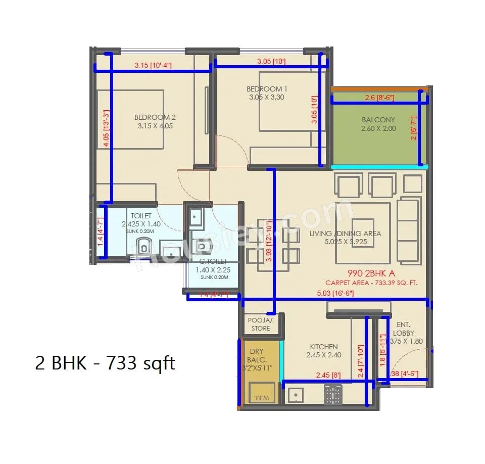 Silveroak Shriyans 3 0 Unit plan - 733 sq.ft.