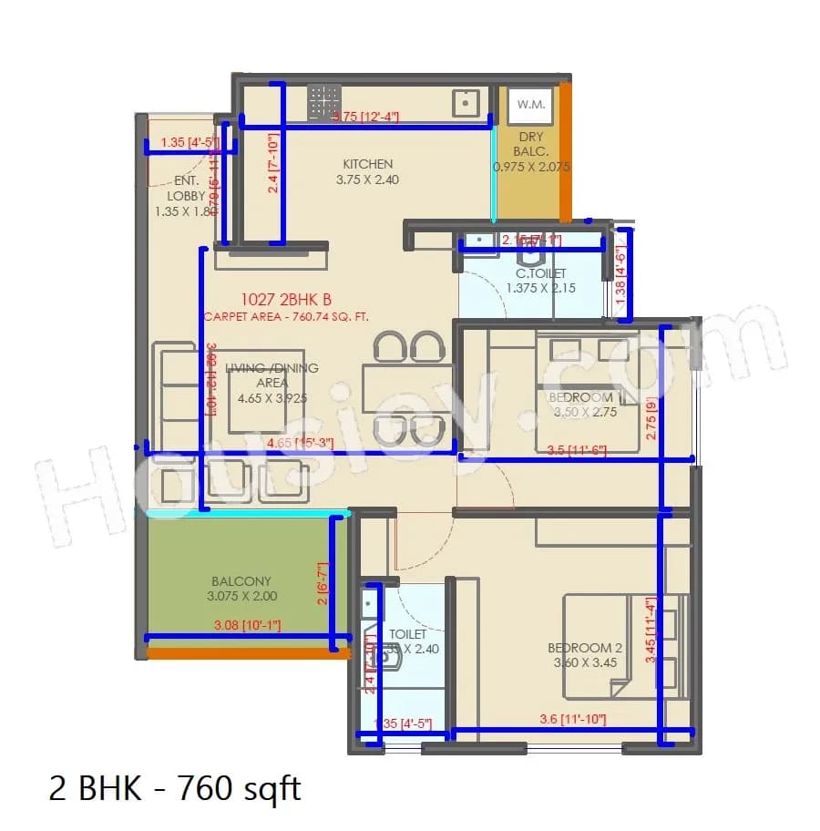 Silveroak Shriyans 3 0 Unit plan - 760 sq.ft.