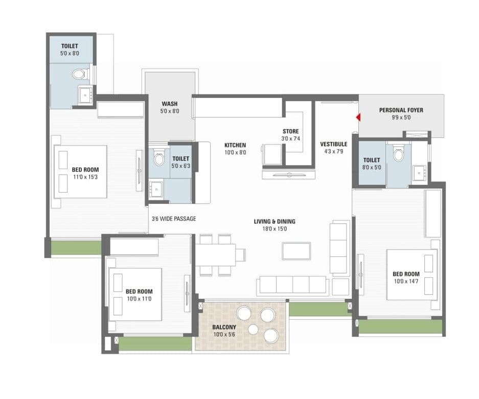 Yash Imperia Unit plan - 1158 sq.ft.