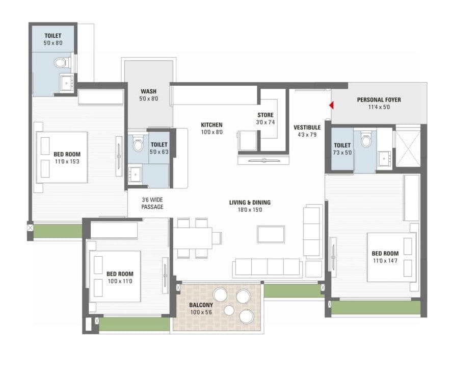 Yash Imperia Unit plan - 1173 sq.ft.