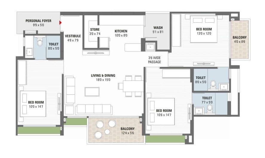 Yash Imperia Unit plan - 1257 sq.ft.