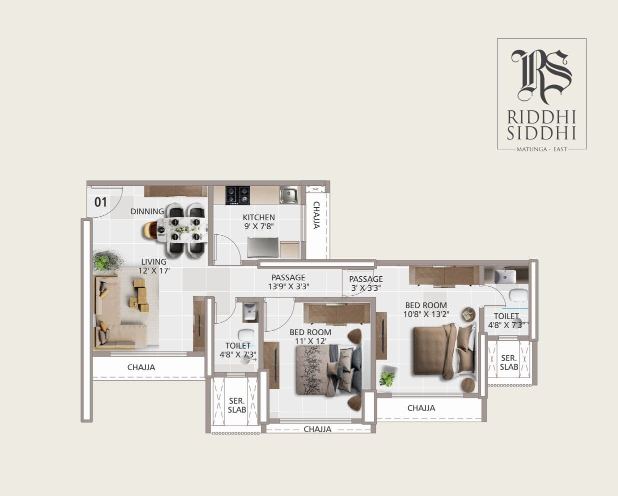 JP Riddhi Siddhi Unit plan - 733 sq.ft.