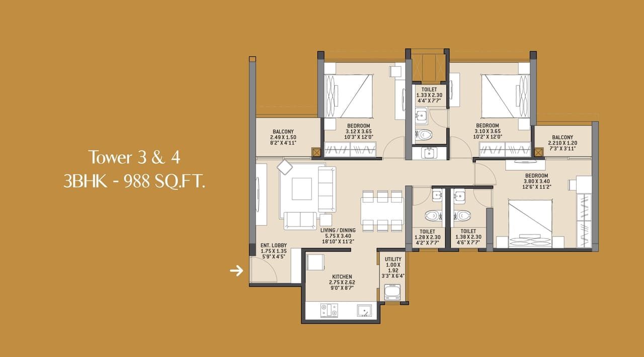 VTP Altair 3 Unit plan - 988 sq.ft.