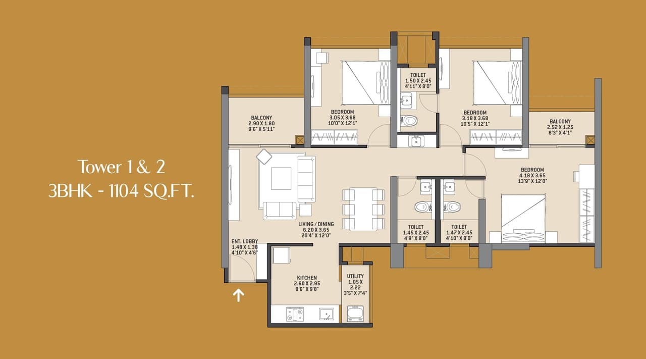 VTP Altair 3 Unit plan - 1105 sq.ft.