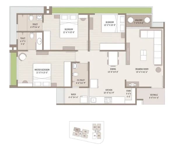 Vivaan Ixora Unit plan - 972 sq.ft.