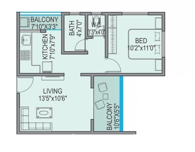 Gurukrupa Primerose Unit plan - 494 sq.ft.