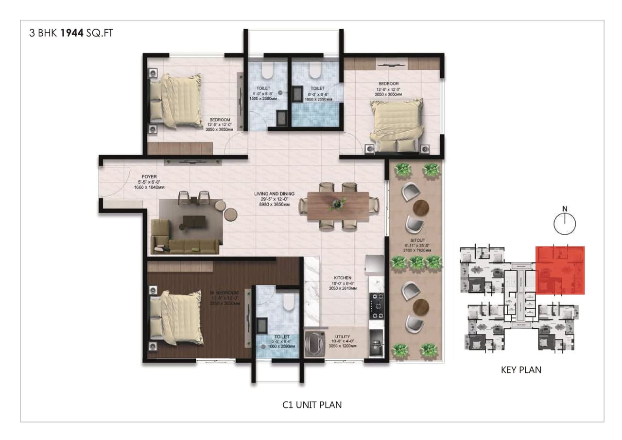 Amberstone Spirit of Sarjapur Unit plan - 1399 sq.ft.