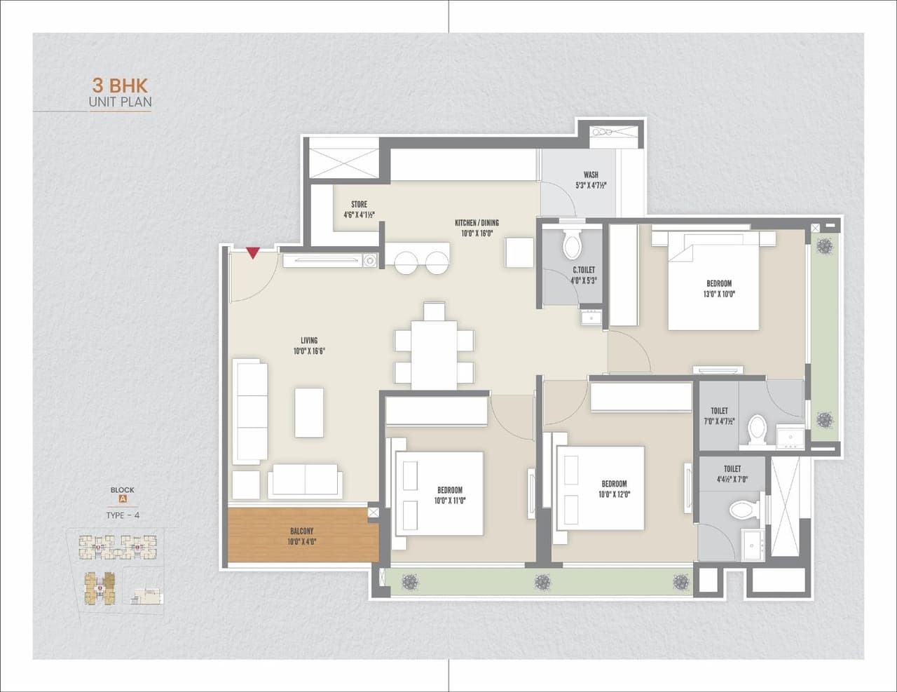 Avirat Silver Brook 2 Unit plan - 968 sq.ft.
