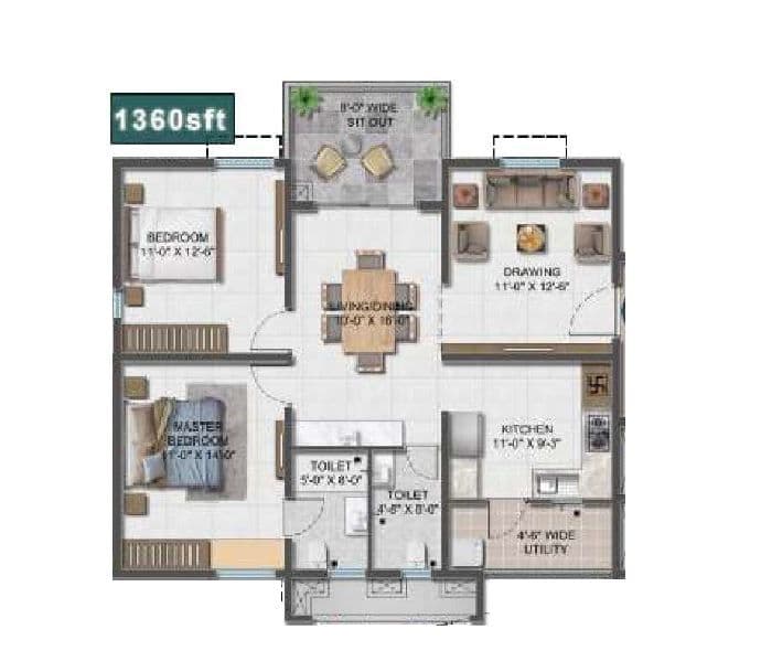 Anvita Ivana Unit plan - 952 sq.ft.