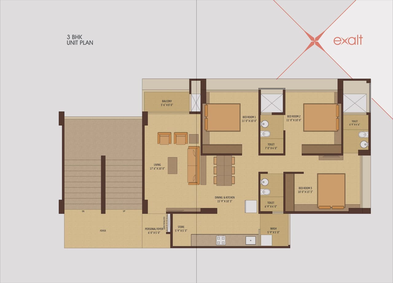 Shakti Exalt Unit plan - 998 sq.ft.