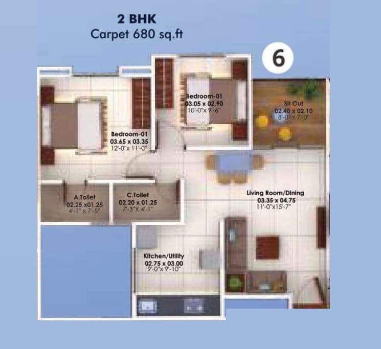 Aksha Ambar Unit plan - 680 sq.ft.