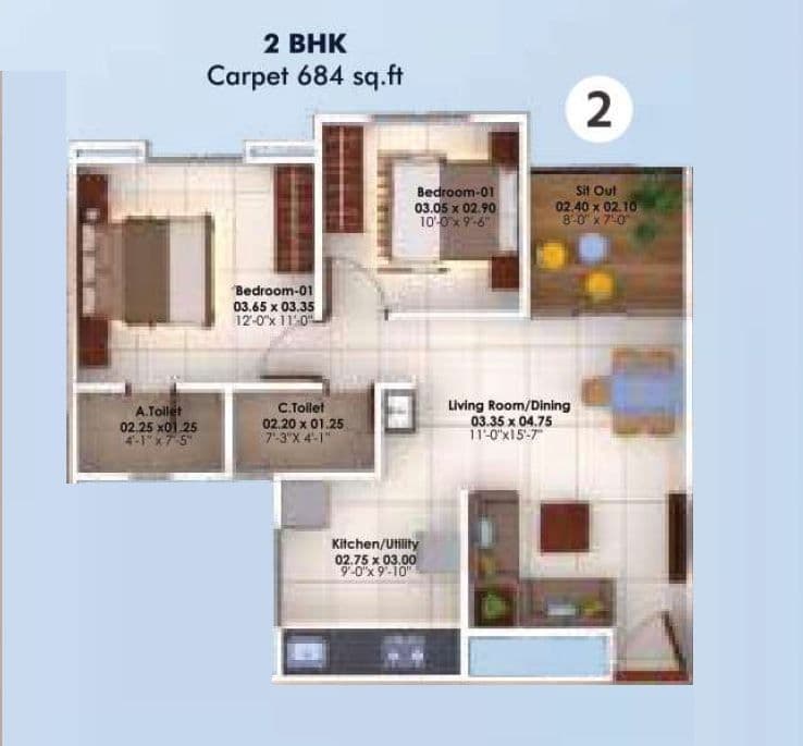 Aksha Ambar Unit plan - 684 sq.ft.
