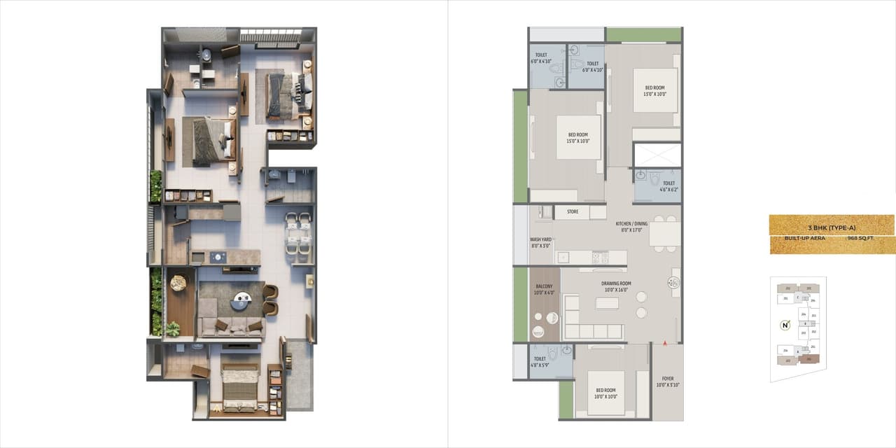 Satvam Viburnum Unit plan - 968 sq.ft.