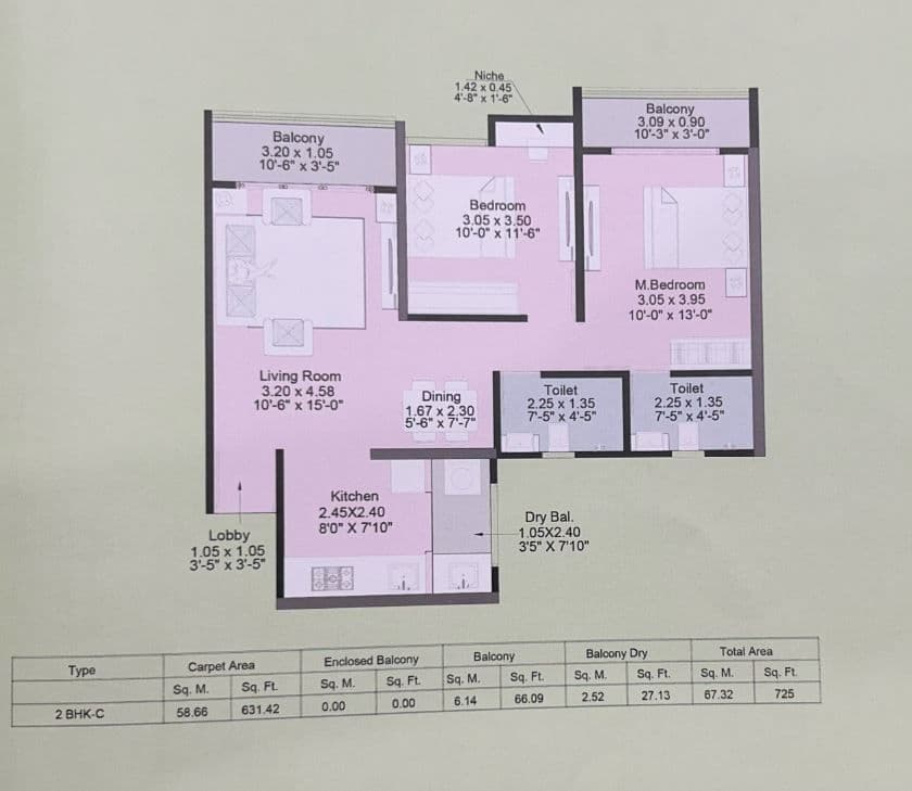 Kohinoor Taco Unit plan - 725 sq.ft.