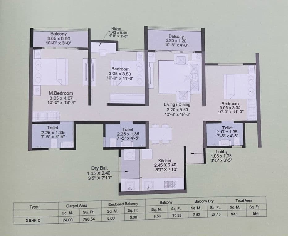 Kohinoor Taco Unit plan - 894 sq.ft.