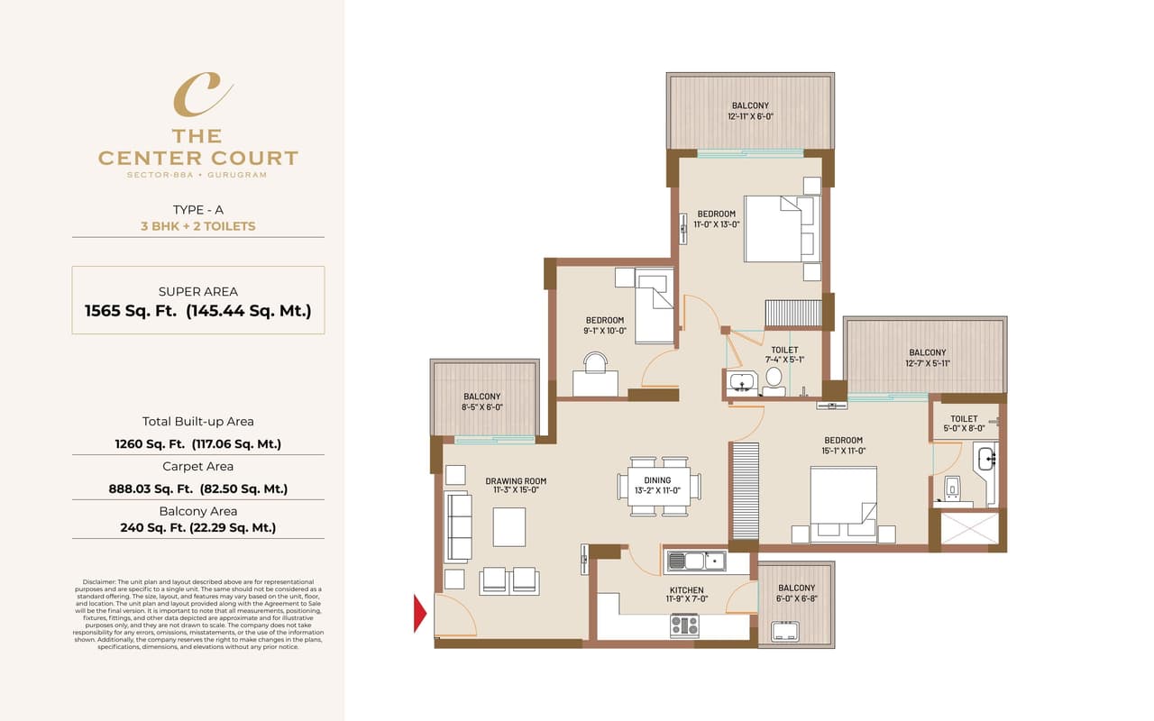 The Center Court Unit plan - 888 sq.ft.