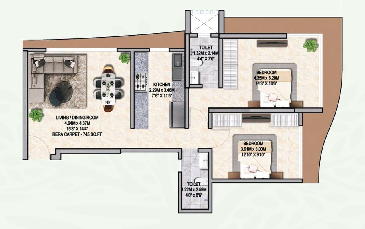 Silver Serene Unit plan - 745 sq.ft.