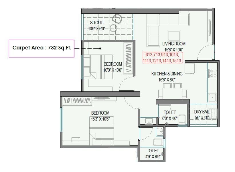 Swastik Prism City Skylife Unit plan - 732 sq.ft.