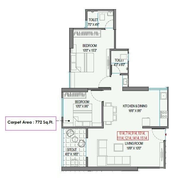 Swastik Prism City Skylife Unit plan - 772 sq.ft.
