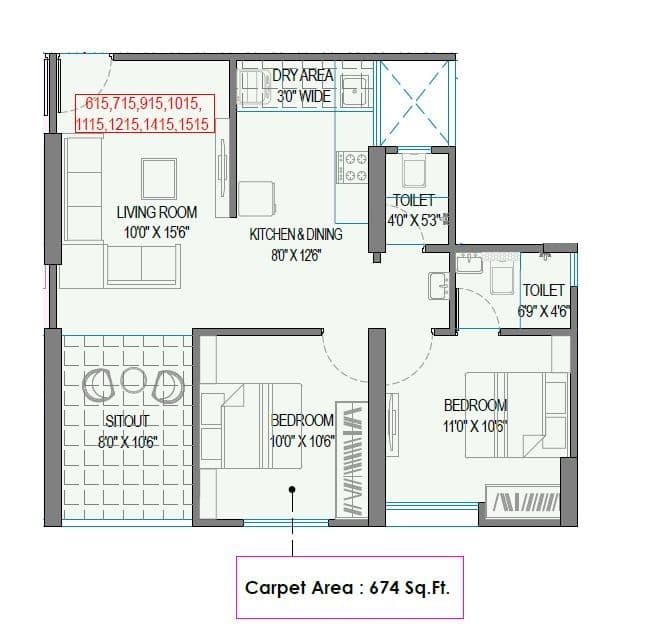 Swastik Prism City Skylife Unit plan - 674 sq.ft.