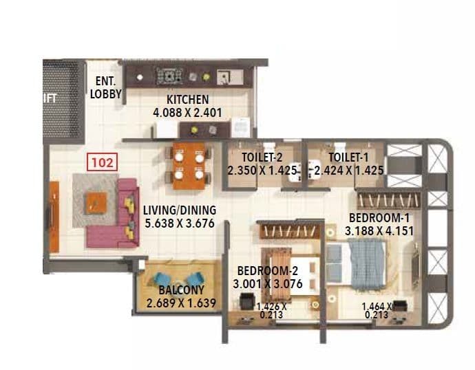 Kumar Princetown Tower Unit plan - 812 sq.ft.