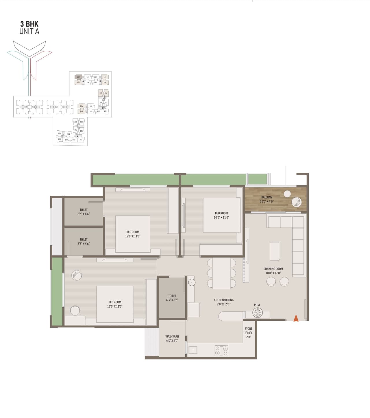 Ratna Trident Experia Unit plan - 968 sq.ft.